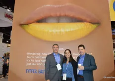 Jack Howell, Carolina Garcia and Enda Walsh with Fyffes. The background is part of a recently launched campaign on how to pronounce Fyffes.
